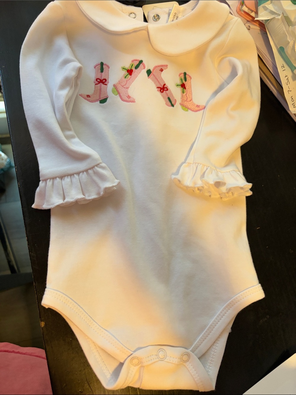 Classic White Baby One-Piece with Pink Bootie Embroidery Christmas 3/6m